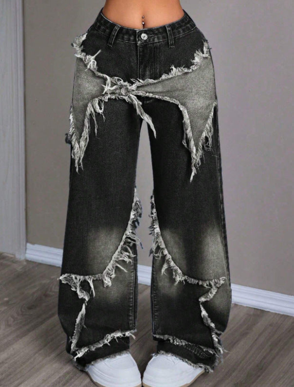 Vintage Star Patchwork Washed Denim Wide Leg Pants