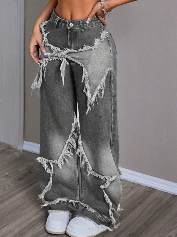 Vintage Star Patchwork Washed Denim Wide Leg Pants