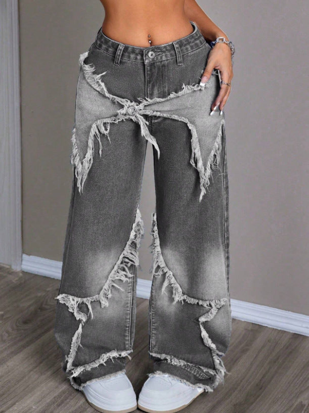 Vintage Star Patchwork Washed Denim Wide Leg Pants
