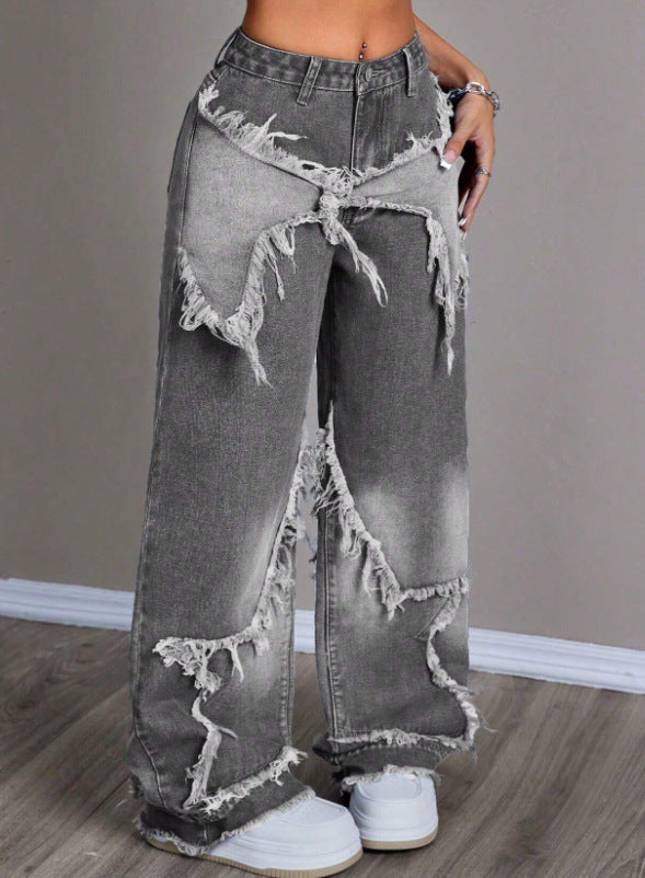 Vintage Star Patchwork Washed Denim Wide Leg Pants