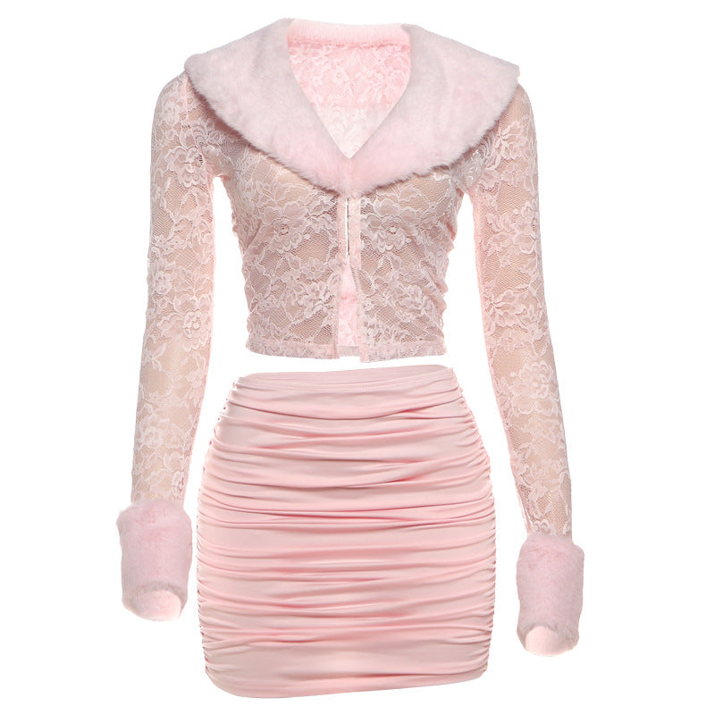 Womens Plush Lace Splicing Long Sleeve Skirt Suit