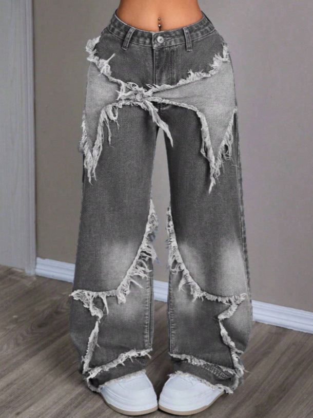 Vintage Star Patchwork Washed Denim Wide Leg Pants